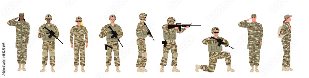 Set of soldiers in military uniform. Female and male fighters with weapon. Flat vector illustration. Set of soldiers in military uniform. Female and male fighters with weapon. Flat vector illustration.