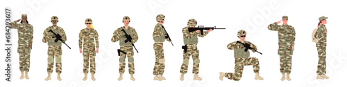 Set of soldiers in military uniform. Female and male fighters with weapon. Flat vector illustration.