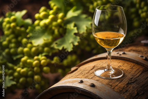 Wine Glass with Chardonnay Grapevine tasting. Vino Degustation in vineyard. Wine barrels. Vine Winemaking in Winery Barrel room. Wines Barrels In Winery Cellar. Wine Glass and Grape on oak barrels
