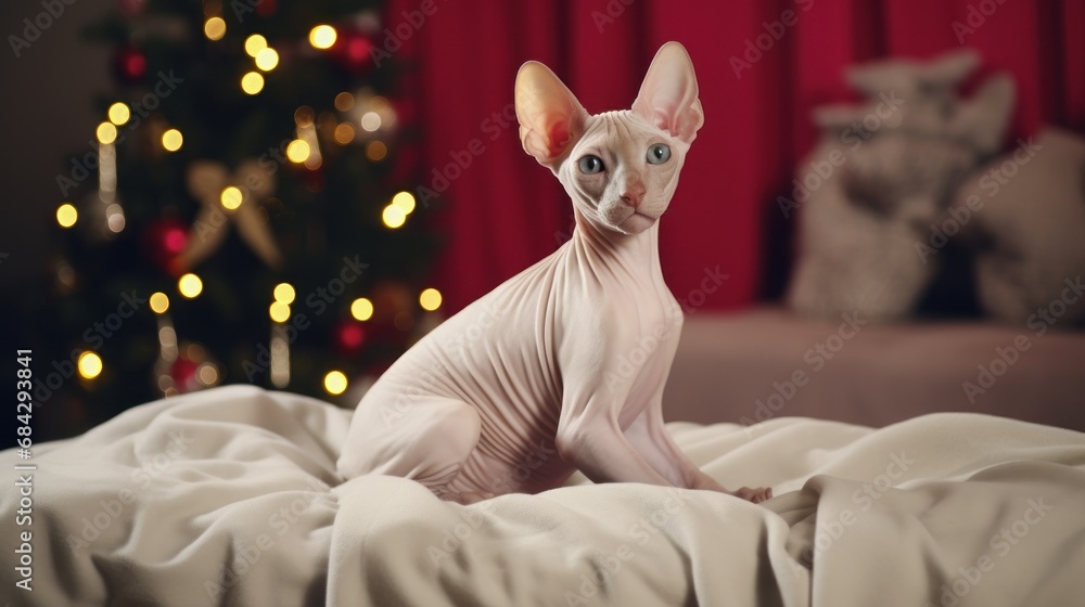 Beautiful and adorable Sphynx cat lying on blanket near by blurred Christmas tree on the cozy indoor background. New year festive picture. Greeting placard template.