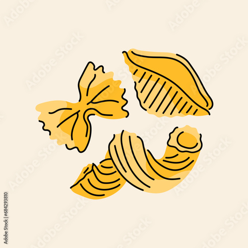 Hand drawn pasta: fusilli, farfalle color element. Cartoon unprocessed food. Isolated vector illustration.