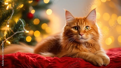 Beautiful and adorable Maine Coon cat lying on blanket near by blurred Christmas tree on the cozy indoor background. New year festive picture. Greeting placard template.