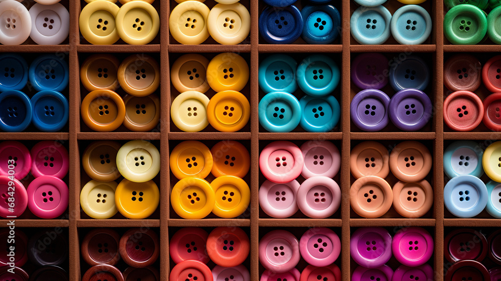 Fototapeta premium Colored buttons in a wooden box as a background, top view. Generative AI.
