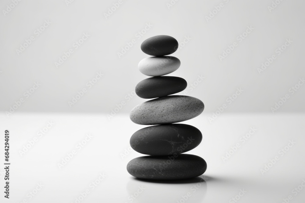 Arrangement of gray and white stones in a stack, gentle coloration. Stones layered on one another. Minimalistic style. Displayed in hues of grey. Arrangement of gray and white stones in a stack, gentle coloration. Stones layered on one another. Minimalistic style. Displayed in hues of grey.