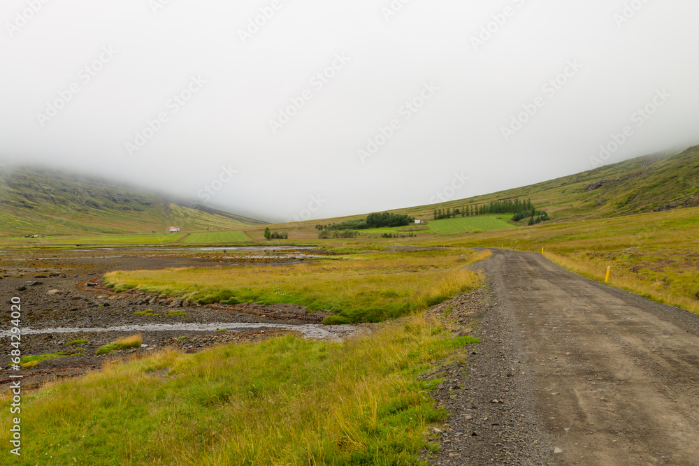 Mjoifjordur rural landscape, east Iceland. Icelandic panorama