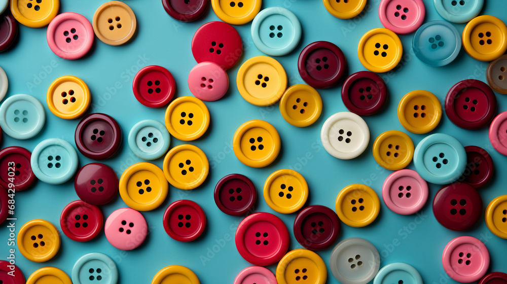 Colorful sewing buttons on blue background, top view.  Generative AI