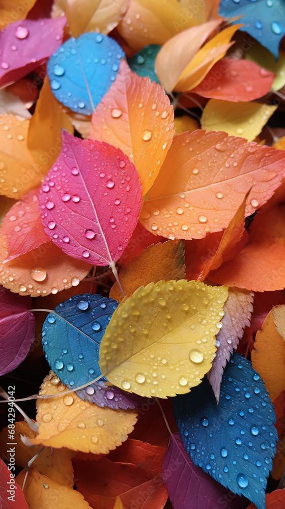 Colorful autumn leaves with water droplets, close-up. AI Generative
