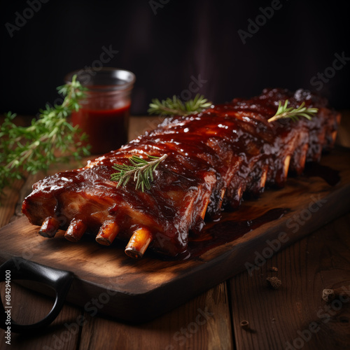 Succulent pork ribs smothered in barbecue sauce with rosemary sprigs, perfect for BBQ lovers and recipe developers.