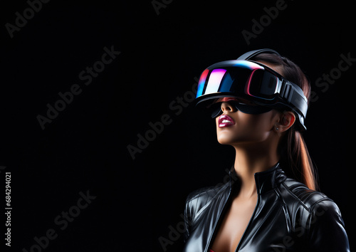 Portrait of a young woman in virtual reality goggles. Black background. AI Generative © k_e_n