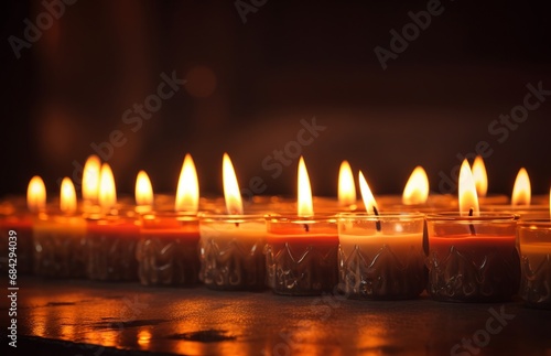 a row of burning candles with free space on dark background