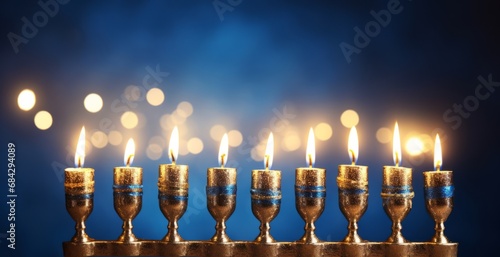 a row of burning candles with free space on blue background