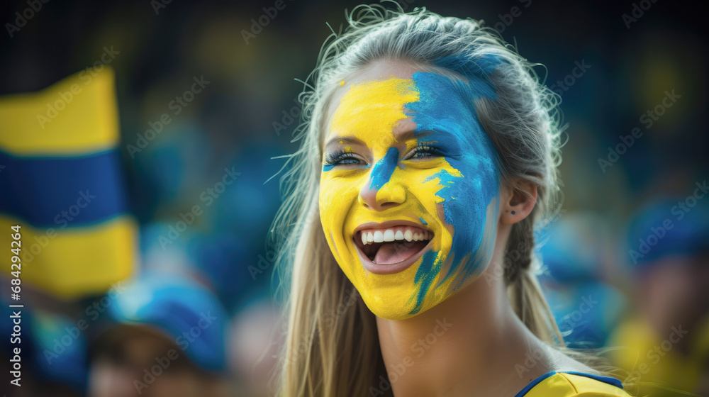 Obraz na płótnie Happy young woman with yellow and blue paint on her face at a sports stadium w salonie