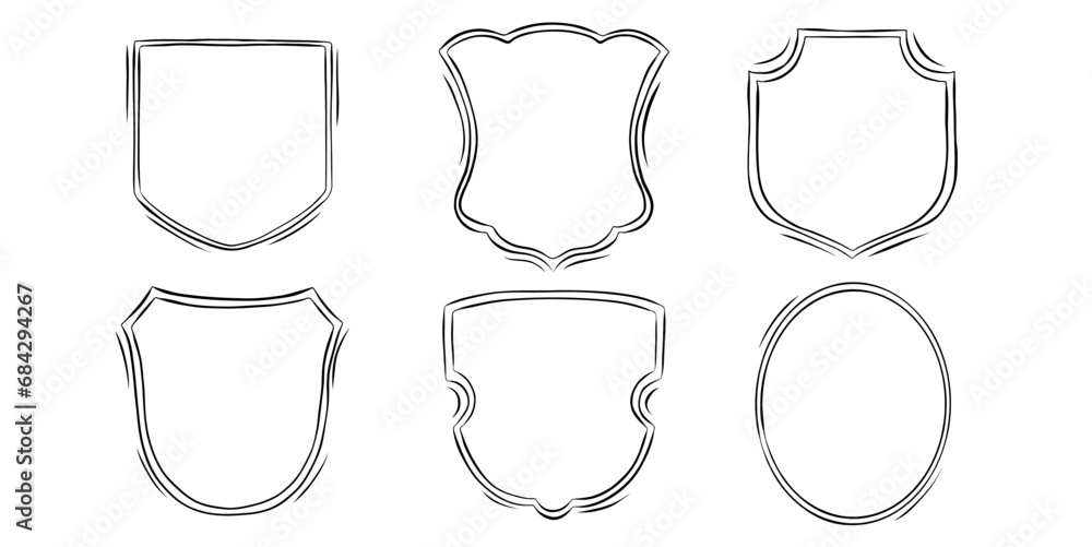 Collection of heraldic shields. Heraldry Crests frames in vintage style. Vector sketch  - obrazy, fototapety, plakaty 