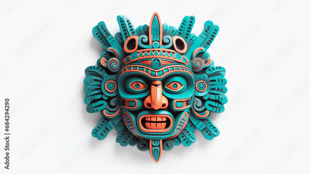 Ancient wooden Mayan mask on white background - obrazy, fototapety, plakaty 