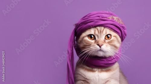 Cute cat in a scarf in a turban on a purple background photo