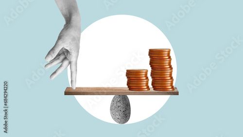Принти на полотні Balance of finances is shown with collage with hand and coins on wooden seesaw