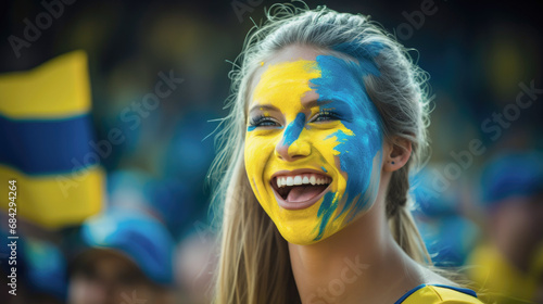 Happy young woman with yellow and blue paint on her face at a sports stadium