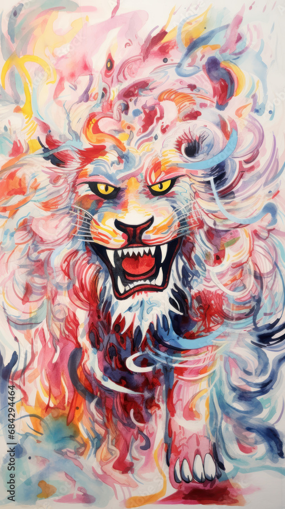 Children drawing of a fiery Lion in watercolor.