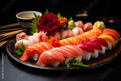 A plate of sushi with a variety of nigiri, sashimi, and rolls. Generative Ai