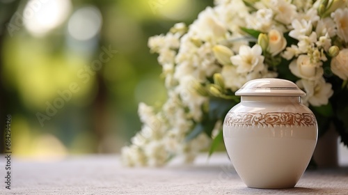 A white urn for ashes with flowers stands in a cemetery photo