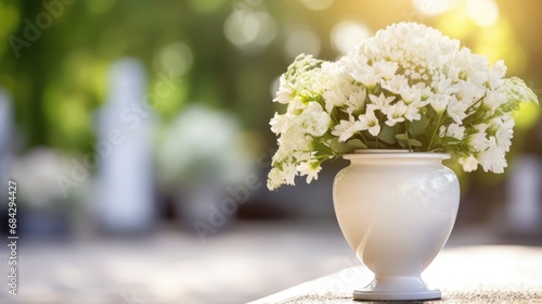 A white urn for ashes with flowers stands in a cemetery photo