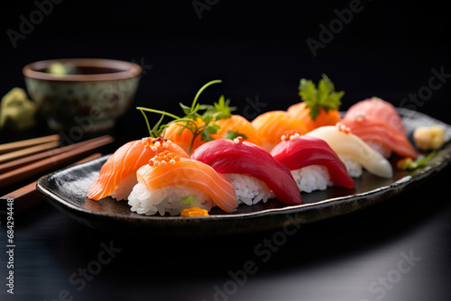 A plate of sushi with a variety of nigiri, sashimi, and rolls. Generative Ai