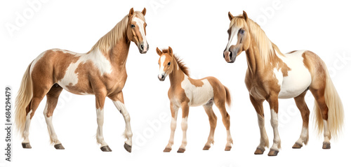 Group of pinto palomino horses: mare, stallion and foal, animal family isolated on transparent background. PNG clip art elements.