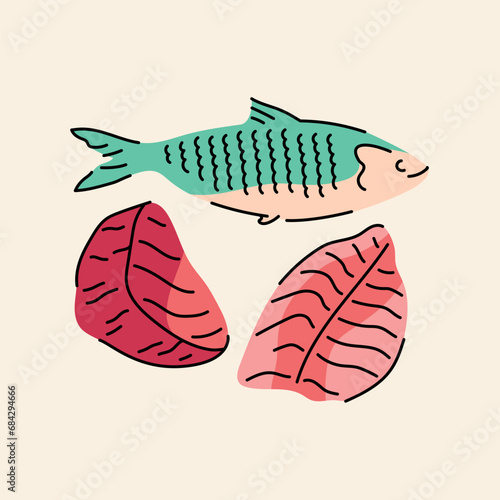 Hand drawn fish: tuna, fillet, herring color element. Cartoon unprocessed food.