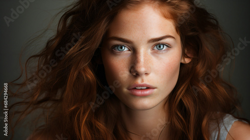 Wallpaper Mural Portrait, close-up, of young and beautiful Caucasian woman, redhead, with long curly hair. Beauty advertising concept. Torontodigital.ca