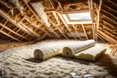 insulating a new hoom mineral wool foam plastic installed in attic for energy efficient roof construction  photo