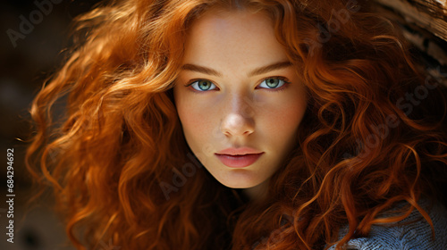 Portrait, close-up, of young and beautiful Caucasian woman, redhead, with long curly hair. Beauty advertising concept.