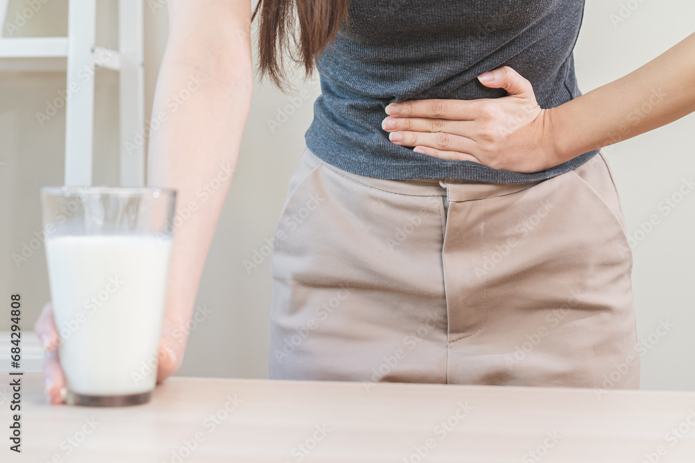 Pain, Allergy asian young woman, girl hand in belly suffer after drink