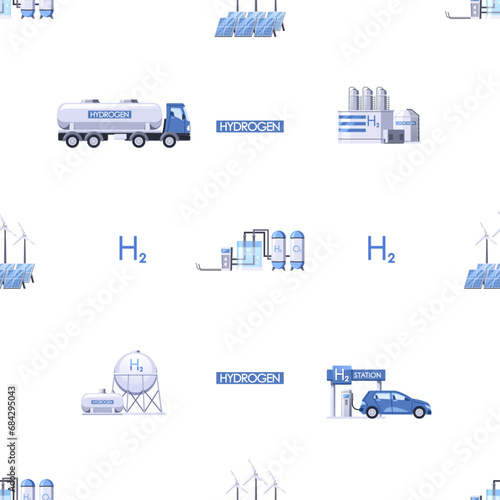 Seamless Pattern Featuring Hydrogen Production. Vector Tile Background With Pipelines, Scientific Symbols, and Trucks