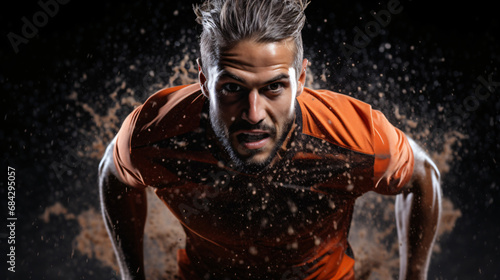 Sport in action. Close-up of young man running in adverse situation, in high performance competition. Dramatic and expressive lighting. Sports competition advertising concept.