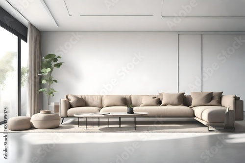 minimal style living room 3d render there are concrete floor white wall finished with  beige color furniture the room has large windows looking  out to see the senery photo