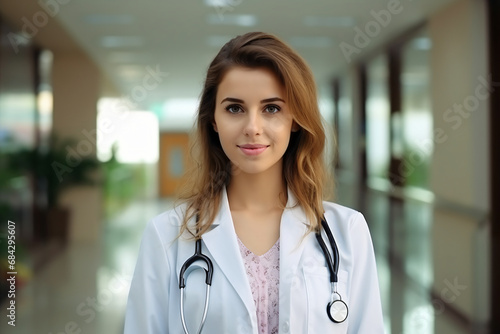 Portrait young woman doctor or scientist dressed in white coat in laboratory or hospital.