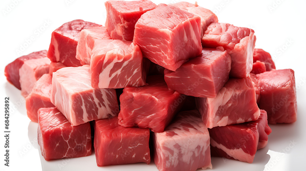 raw beef steak cubes with rosemary - Meat, Top view, commercial design. - White background raw beef steak cubes with rosemary - Meat, Top view, commercial design. - White background