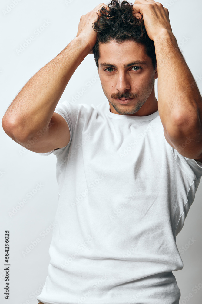 Smile man isolated background portrait t-shirt hipster cool white fashion lifestyle happiness Smile man isolated background portrait t-shirt hipster cool white fashion lifestyle happiness