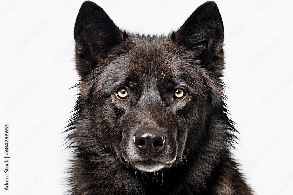 Fototapeta premium Black wolf close-up portrait on a white background.