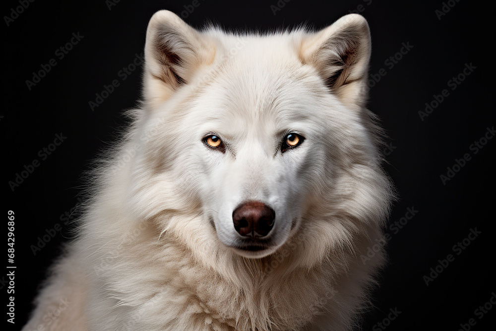 White wolf close-up portrait on a black background. White wolf close-up portrait on a black background.