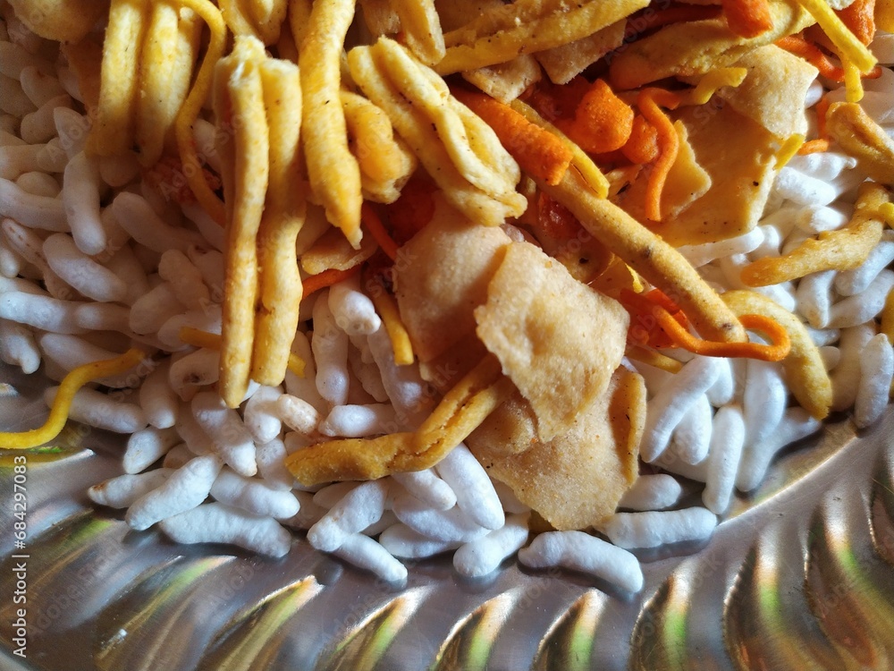 Crunchy sweet namkeen farsan closeup Crunchy sweet namkeen farsan closeup