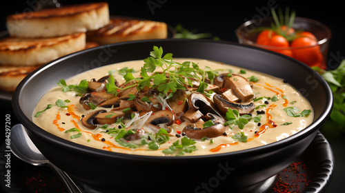 stew with vegetables - Pan full Mushroom soup. top view, commercial product design shot - food art