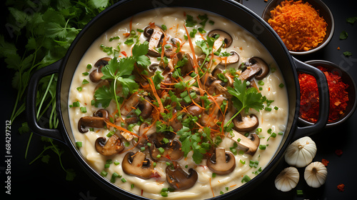 stew with vegetables - Pan full Mushroom soup.  top view, commercial product design shot - food art photo