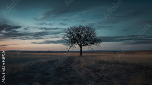 Solitary Silhouette: Barren Tree Standing Alone Against a Dramatic Twilight SkyAI generativ photo