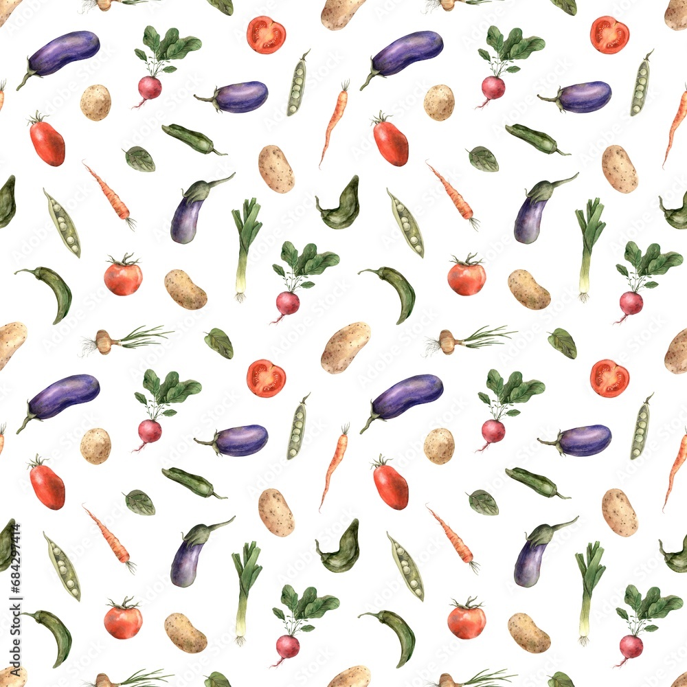 Seamless watercolor pattern with different vegetables. Hand drawn botanical illustrations on isolated background. It can be used in print design, for cards, wallpaper, fabrics, posters, menus, booklet Seamless watercolor pattern with different vegetables. Hand drawn botanical illustrations on isolated background. It can be used in print design, for cards, wallpaper, fabrics, posters, menus, booklet