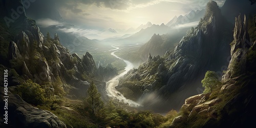 AI Generated. AI Generative. Nature outdoor mountain landscape background with green hill rocks and river. Graphic Art