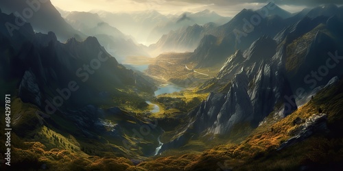 AI Generated. AI Generative. Nature outdoor mountain landscape background with green hill rocks and river. Graphic Art © AkimD