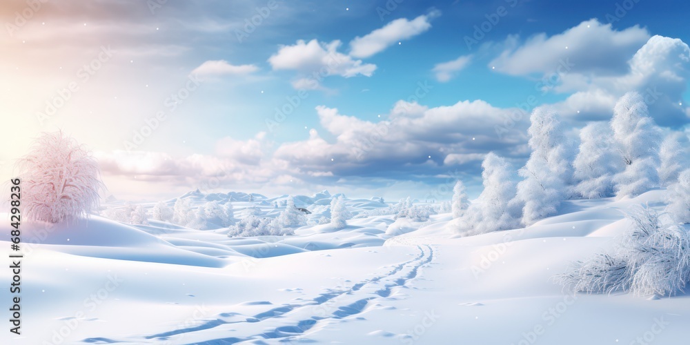 snowy landscape with expansive mountains and trees blanketed in snow.




