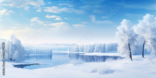 snowy landscape with expansive lake and trees blanketed in snow.© Matthew