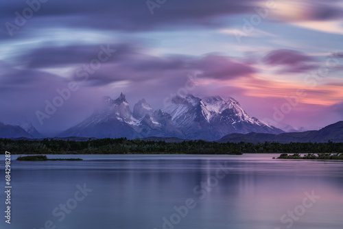 Los Cuernos mountain peak in Chilean Patagonia at sunrise photo